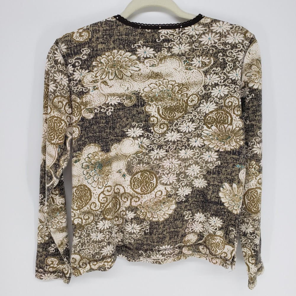 Vintage Y2K Floral Waffle Knit Top Women Small Olive Cream Long Sleeve Lace Trim - Picture 2 of 7